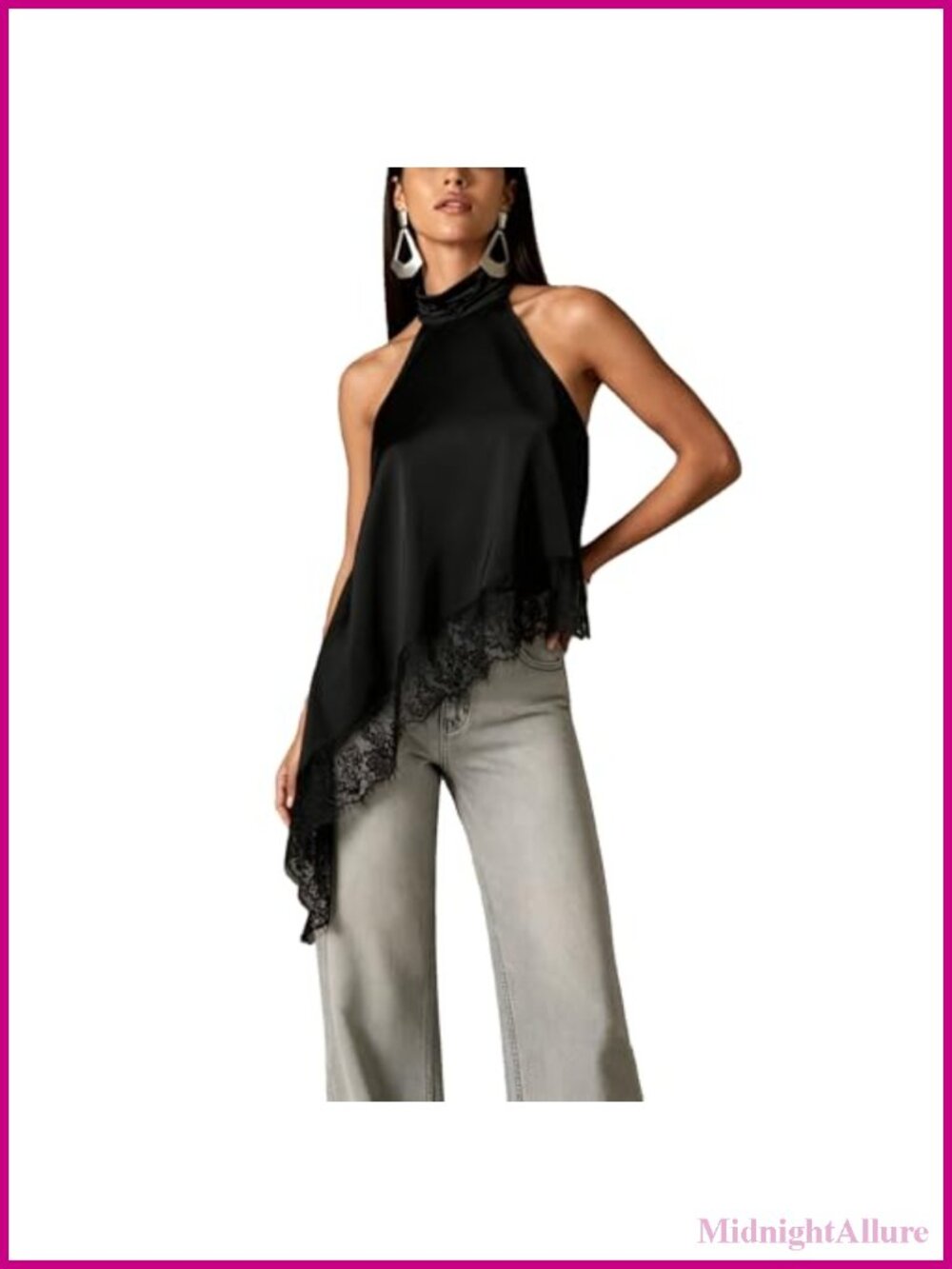 Women Satin Halter Top Mock Neck Lace Trim Asymmetrical Hem Sleeveless Going